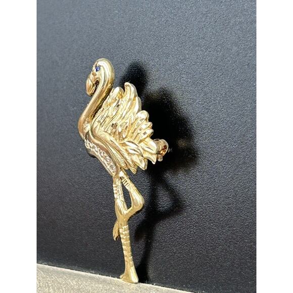 Vintage 14K Gold Flamingo Brooch Pendant Diamond Sapphire BIRD Estate Pin 3.33g - Picture 3 of 15